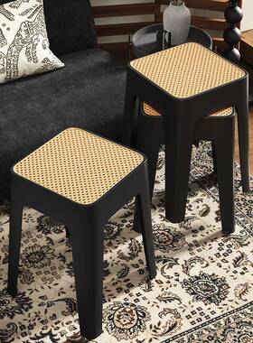 塑料凳子家用加厚可叠放藤编椅方AL-80587凳现中古高板凳代简约客