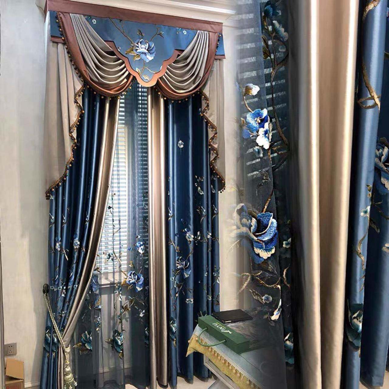 仿新中式真红色牡丹蓝色牡丹花高精BGS密刺丝绣窗帘牡丹花绣花纱