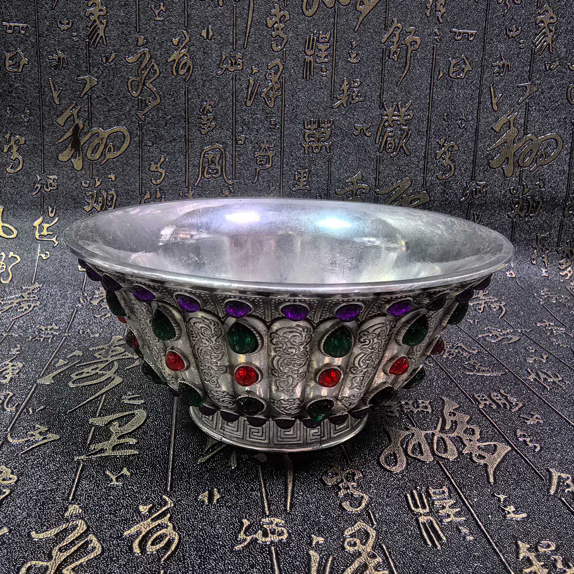 工艺品仿古做旧包浆古玩镶嵌工艺镀银宝石银碗家居摆件工艺品收藏