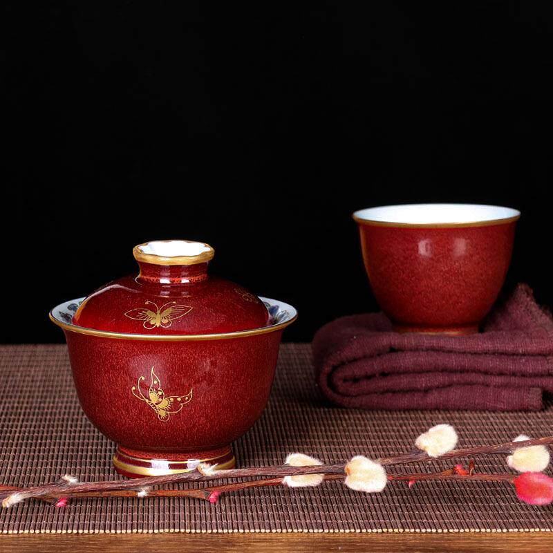 郎红烫金兰花盖碗红色陶瓷泡茶碗国风结婚婚礼敬茶碗茶杯中式单个