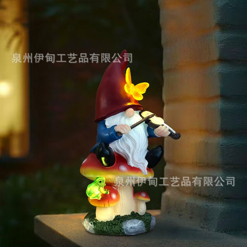 蘑菇植绒地精拉小提琴太阳能灯小矮人跨境新品亚马逊爆款庭院灯