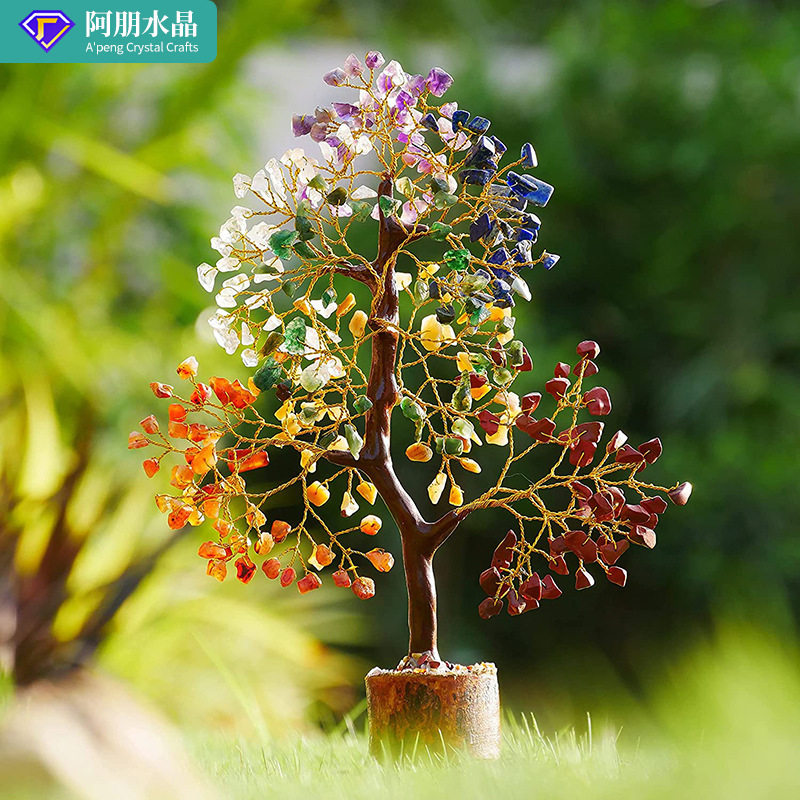 天然水晶碎石发财树水晶七彩碎石实木底座发财树家居创意摆件批发