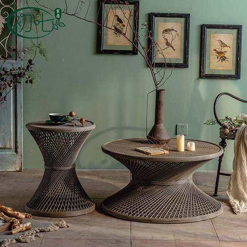 厅日式小编户客圆形桌子民宿酒A2296店大堂边几现代型简约藤小茶