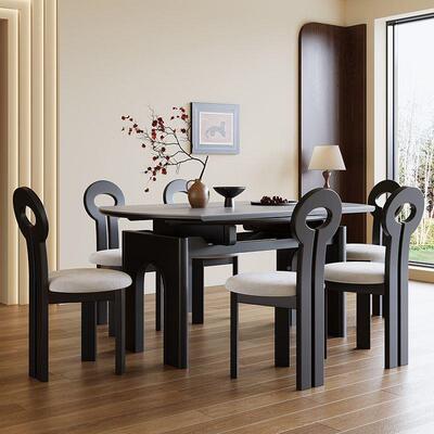 中古风叠实木餐桌椅岩板307式025新款美法式伸缩方可变圆桌小折2