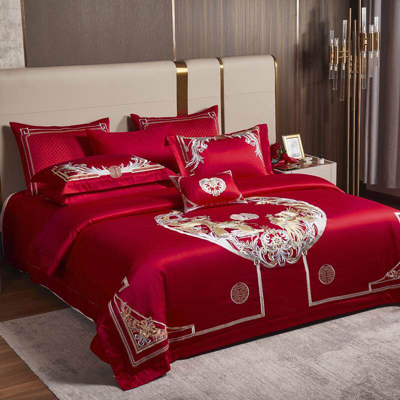 九狐庆家婚纺结婚床上DM1015用品婚房布置大四红色长绒棉件套喜结