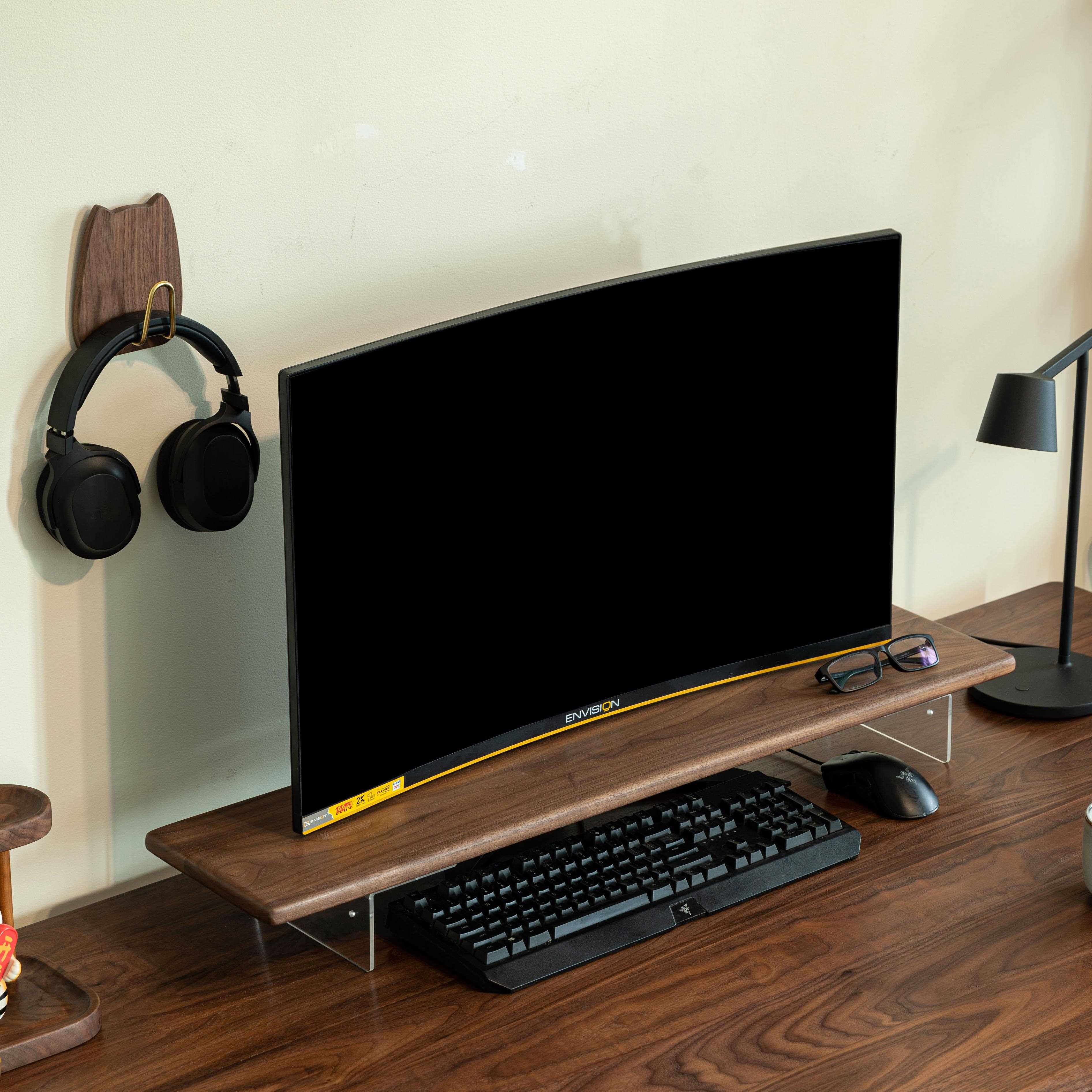 0A黑胡桃木支架置物架台式电脑桌面显示器增高架实木显示屏底座收