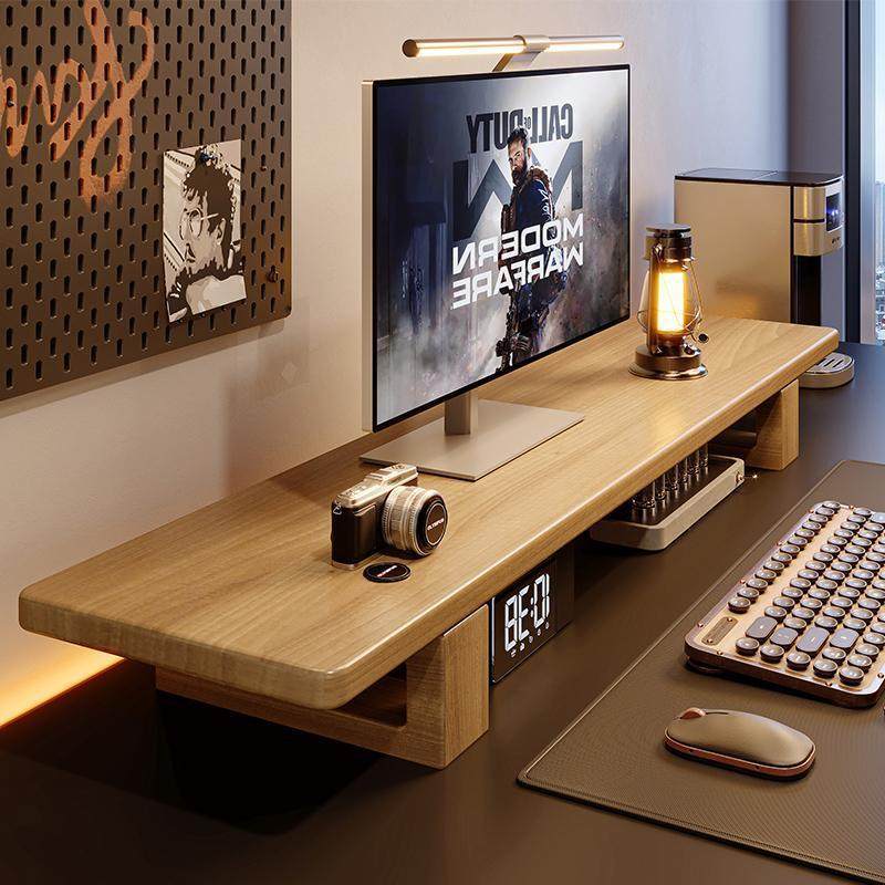 全实木显示器增高架家用台式电脑桌置物架办公桌面垫高橡胶木支架