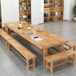 简约loft长方形实木会议桌椅组合图书馆长桌北欧原木教工食堂饭桌