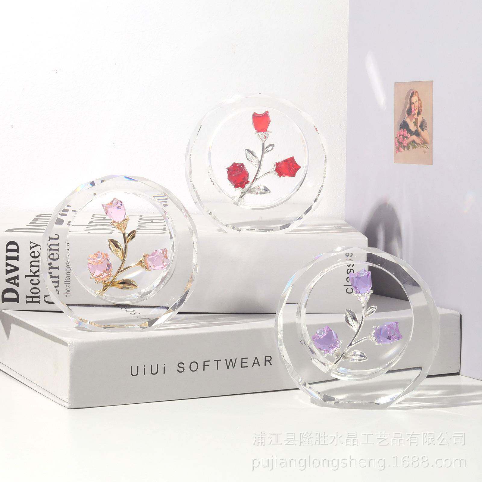 简约现代风格中式复古桌面客厅水晶花蕾摆件金色玫瑰花苞大红紫色
