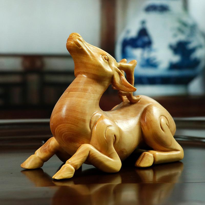 柜黄杨木雕客把件URG厅酒柜装饰家居饰品电视新房梅手花鹿动物摆