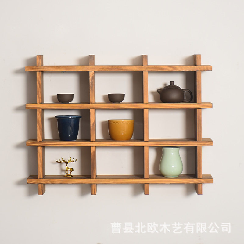 实木墙上装饰摆件置物架摆放木质新中式茶具展示架客厅多格博古架