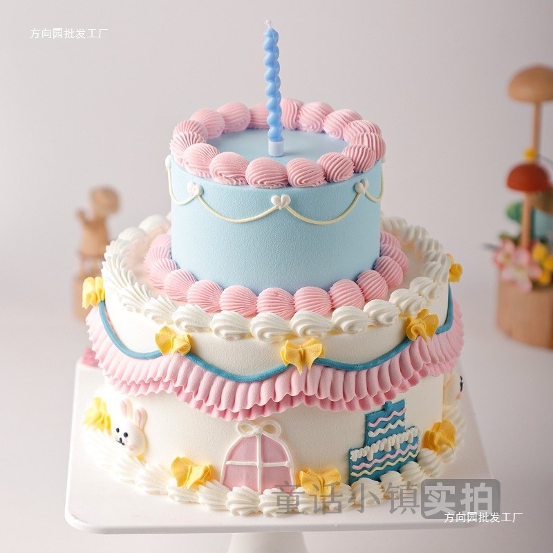 双层复古彩虹蛋糕模型2025新款网红假生日橱窗摆设样品绢花无