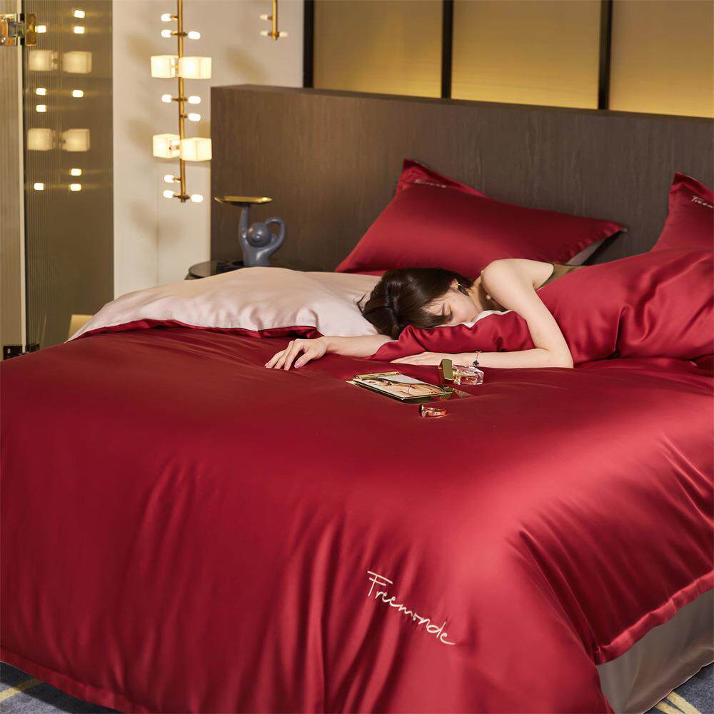 高级感100S纯色天丝四件套夏季丝滑莱赛尔纤维床单被套红色南通市