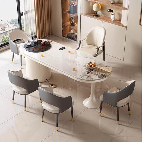 奶油风岩板茶桌椅办公室茶台泡茶桌子阳台家用美容院接待洽谈茶桌