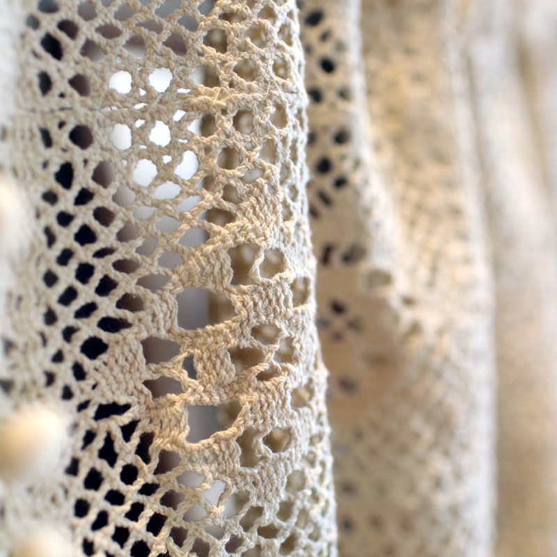 钩针棉线美式穿杆柜门帘纯色半帘帘头短帘免打孔帘窗帘