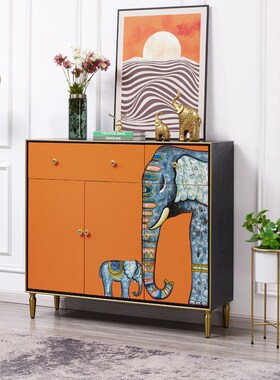 至高美式轻奢实木餐边柜两斗三门柜橙色储物柜碗碟柜门厅玄关柜子