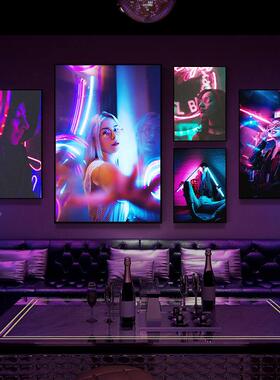 霓XBK02647虹灯灯女孩装画LED发光画饰清吧墙面装饰夜店K酒吧TV包