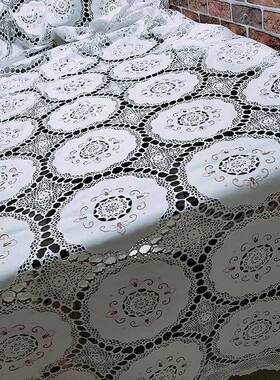 潮绣床盖TCT立体垫手绣花轻镶奢布台布细线绣钩针桌拼床笠白色