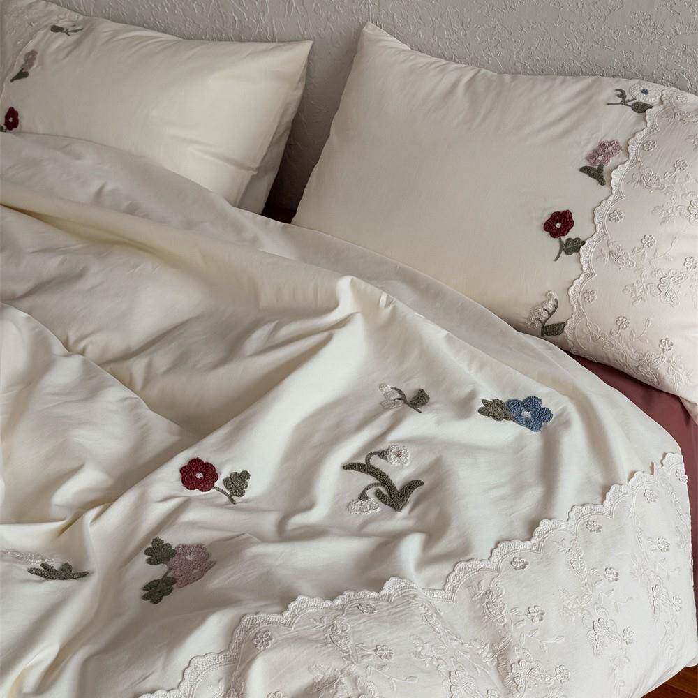 法US式小清新品秋冬款婴儿棉磨毛棉绣四件套刺被套床长绒床单床笠