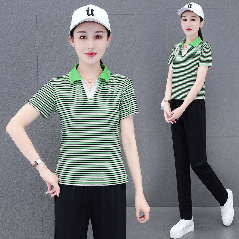 闲跑步运2动服套装女龄20DDW5夏季新款洋气翻休领短袖直筒裤两件