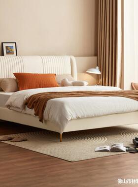 奶油皮床现代简约双人端床主卧室高大气软包婚风床物轻奢储KWK大