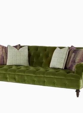 法式复古橄榄ULZ绿色丝家绒实发木沙发三人位拉扣沙美式小户型厅