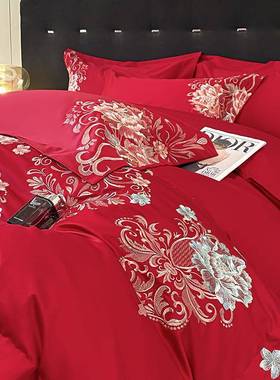 轻奢高端婚庆00纯支长绒棉四2件套国全棉棉床单被套刺绣中风70349