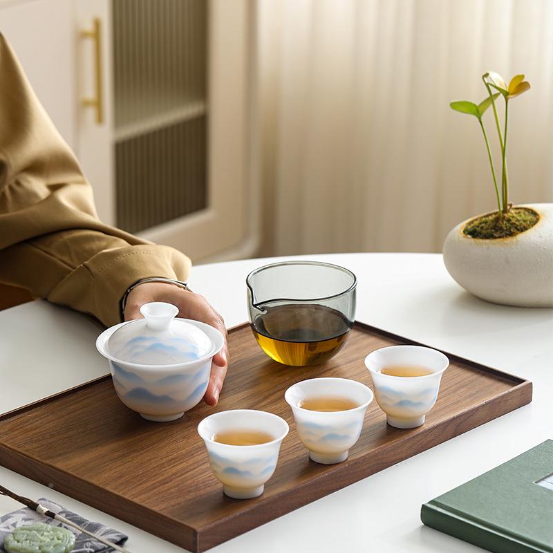 冰釉烧羊脂玉旅行盖茶具l种ogo户外携便式车载德化白JFQ碗瓷水墨