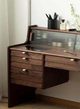 北美黑胡木全实梳妆木台可轻奢原木化妆桌椅桃移动玻DRQ璃收纳化