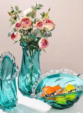 网红轻奢蓝色玻璃花瓶波浪花边水果盘居家客厅桌面样板间装饰摆件