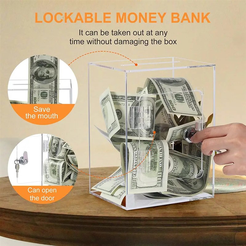 透明亚克力方形存钱盒储蓄罐 带锁带门方便存取手工艺品礼品