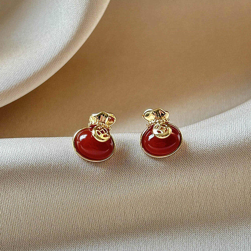 红色玛瑙钱币福袋耳钉女轻奢高级感气质大气耳环新年耳饰2026超火