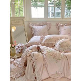 O5JDJX2公主风蕾棉丝四件套10支长绒法式裙边被床套上0用品