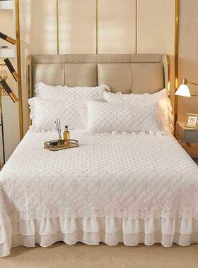 简F968MH87约白色床单单件韩版丝花边床裙床罩件加四厚夹蕾棉床盖