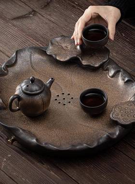 PXLD2021日鎏金铁釉清莲荷香茶盘陶瓷蓄水储水排水双用干泡盘茶台