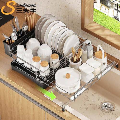 厨房置物架家用304碗架多功能沥水架大容量餐具收纳架伸缩碗碟架