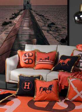 时尚轻奢云雕绒单面印花沙发抱枕 复古流苏H橙色马样板房装饰靠垫