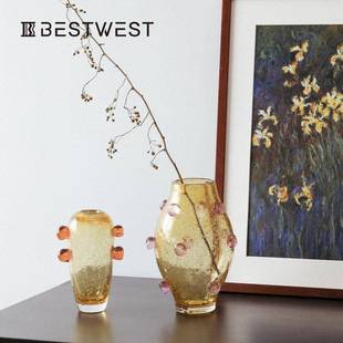 bestwest轻奢北欧风玻璃花瓶摆件客厅插花餐桌玄关高级感玻璃彩色