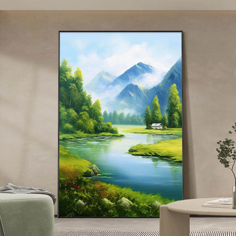 现代简约流水生财山水风景画客厅玄关挂画巨幅落地画沙发墙装饰画