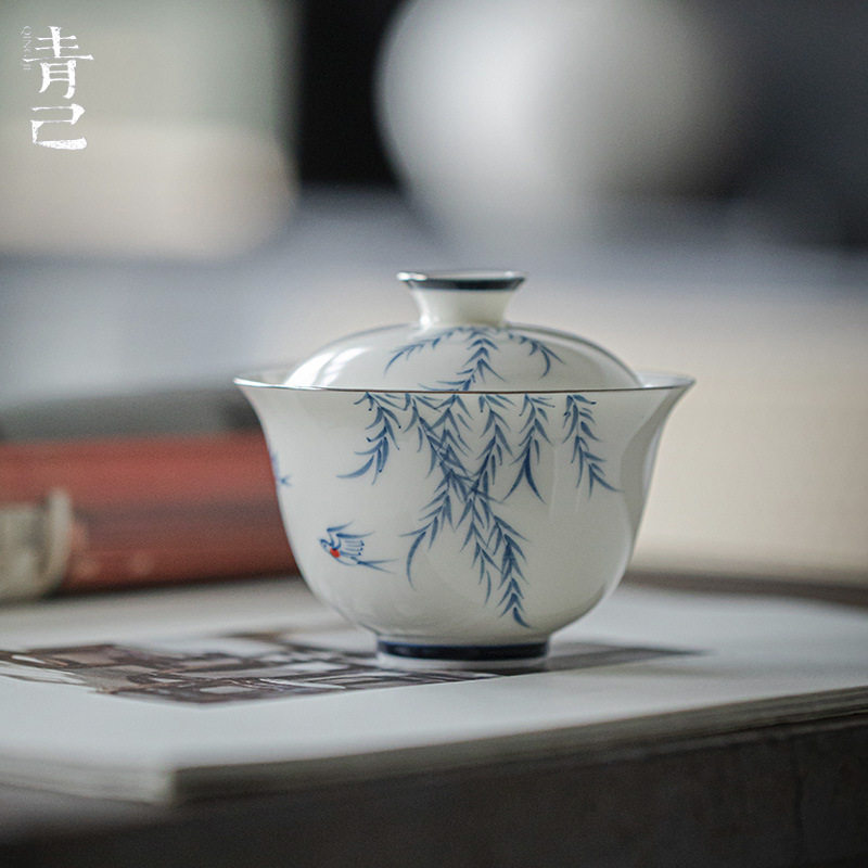 青己玉瓷手绘青花陶瓷盖碗新中式家用泡茶碗燕归来福灵盖碗