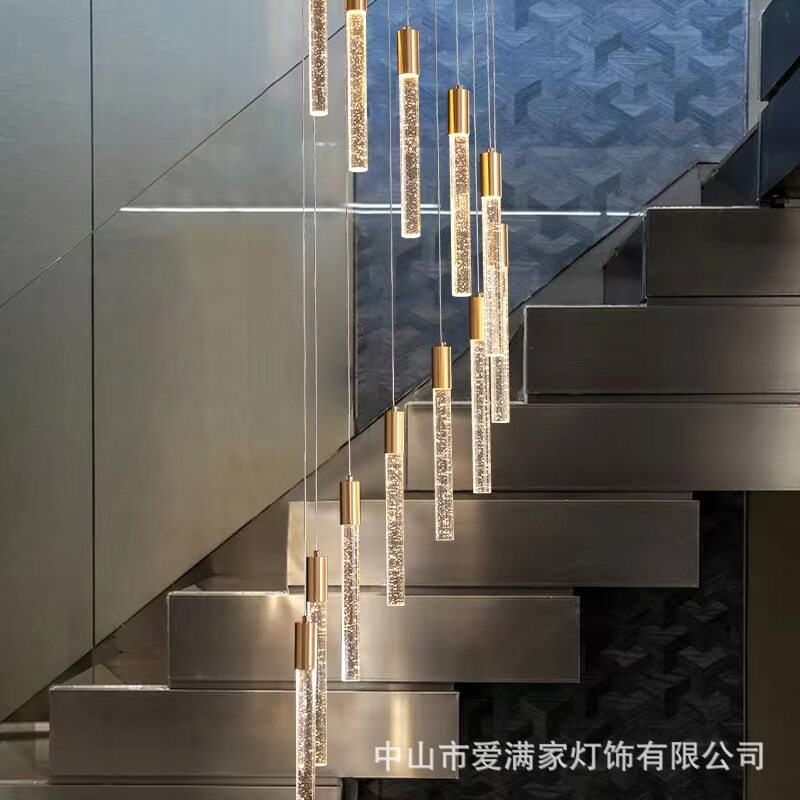 客厅轻奢楼梯长吊灯后现代简约别墅客厅个性餐厅奢华复式楼水晶灯