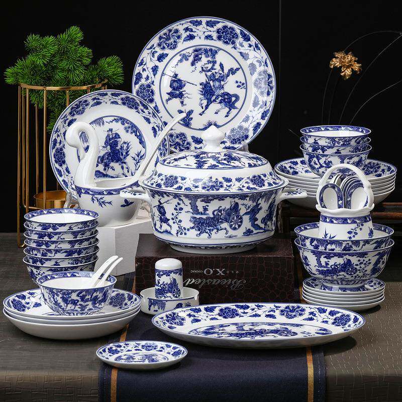 仿古釉中青花餐具60头青花鬼谷子下山餐具碗盘碟子组合套装