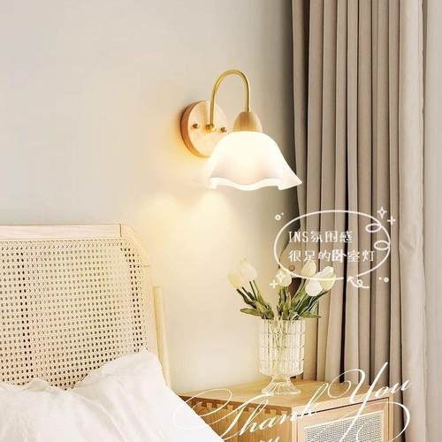 北欧卧室床头壁灯原木奶油风墙壁灯现代简约书房led灯过道阳台灯