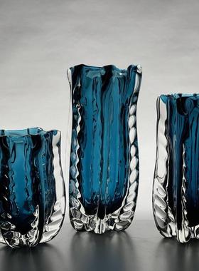 厚重轻奢波浪纹蓝色琉璃花瓶水培绿植玻璃插花容器家居高品质摆件