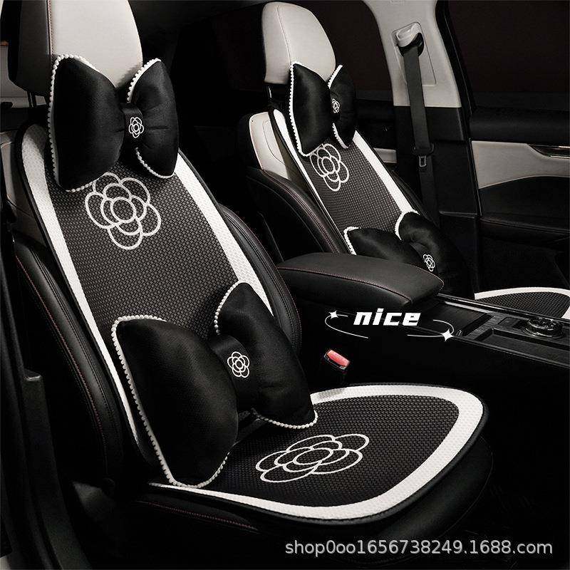 四季通用山茶花蝴蝶结汽车头枕腰靠冰丝舒适柔软车载靠枕护颈枕