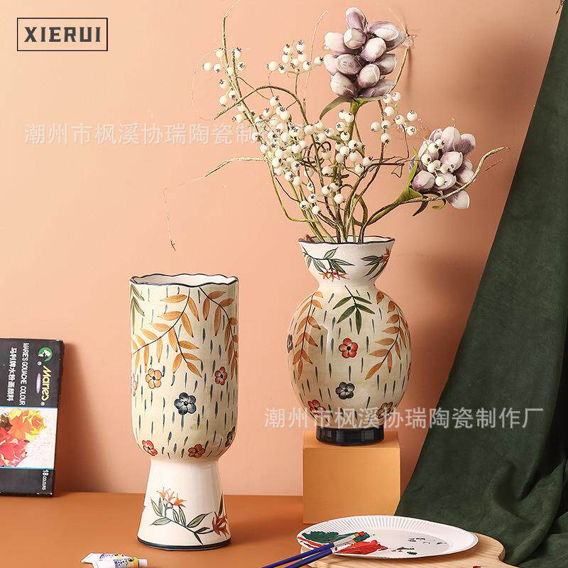 欧美田园风陶瓷手绘花瓶现代轻奢北欧插花花器客厅样板间家居装饰