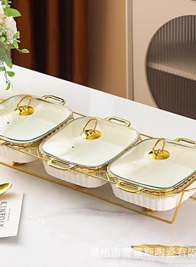 轻奢双耳金色电镀烤盘三格casserole餐厅蜡烛加热保温汤锅带盖