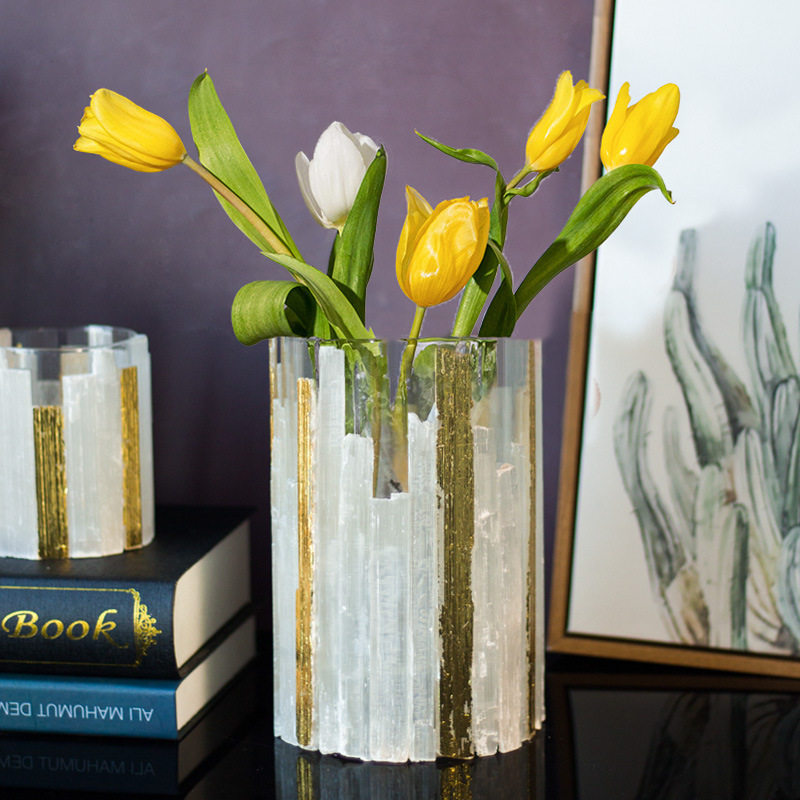 轻奢简约风金箔条纹花瓶花器蜡烛台风灯家居软装玄关桌面花瓶摆件