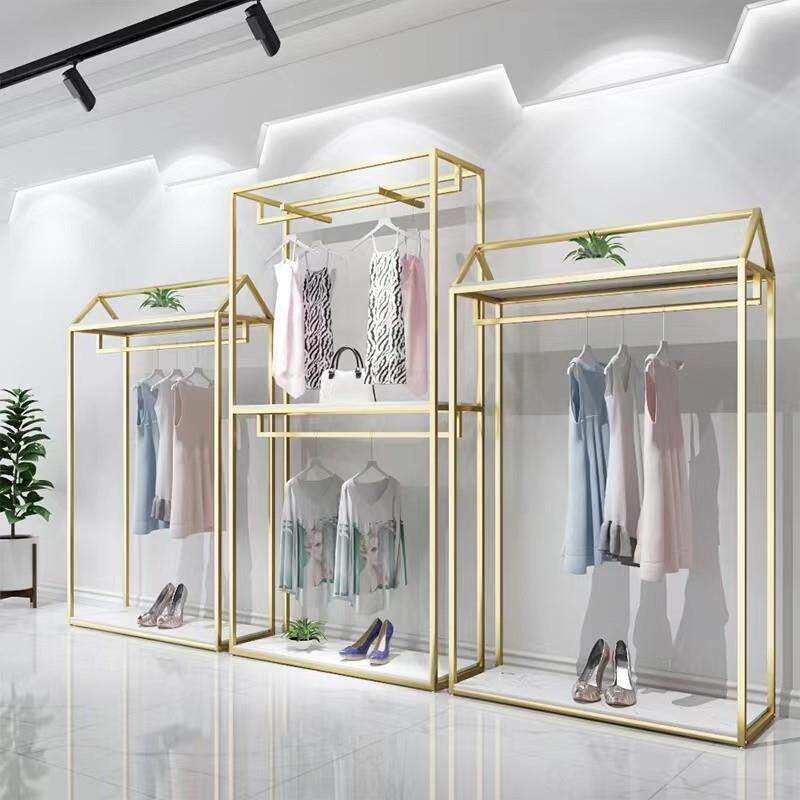 金色服装店展示架落地式双层挂衣架子男女装店铺装修设计货架