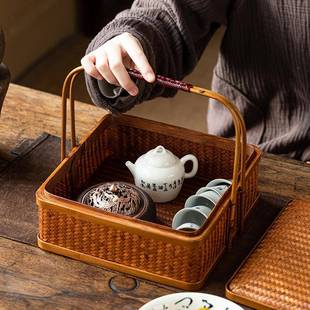 复古竹编盒竹提盒户外茶盒提GMG篮心竹篮茶点具食收纳圆盒形手提